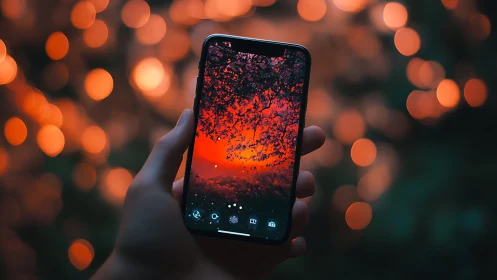 Smartphone framing vivid sunset with dreamy bokeh glow.