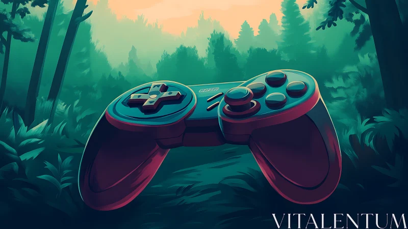 Gaming Controller in Forest: Digital Illustration with Cyberpunk Aesthetic.