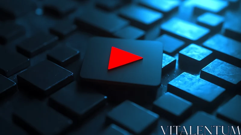 Red play icon on glowing geometric tiles in blue light.