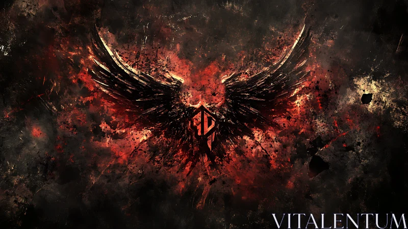 Fiery winged emblem rising from swirling cosmic shadows.