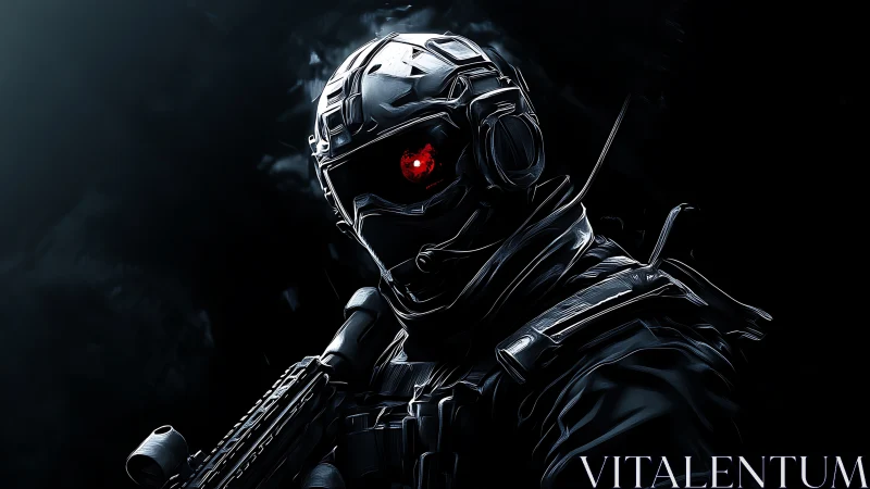 Cybernetic commando with glowing red eye stands vigilant.