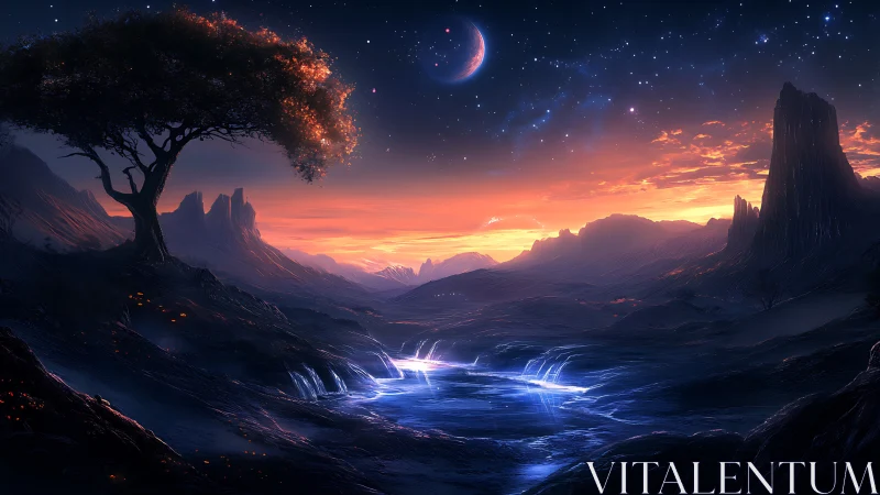 Alien valley at dusk with crescent moonlit sky and stream.