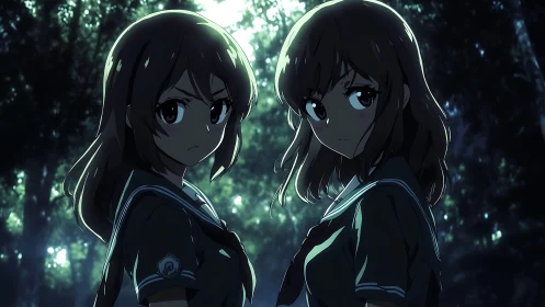 Backlit anime schoolgirls rendered with high-contrast rim lighting