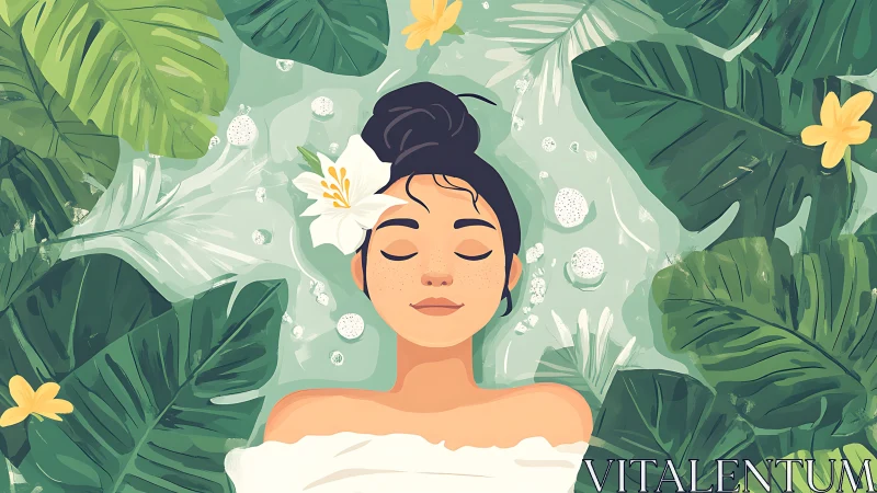 Woman Relaxing in Spa Bath Surrounded by Tropical Leaves, Modern Illustration.