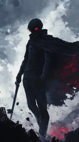 Cloaked figure with sword in dark storm sky backdrop.