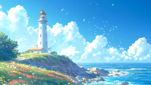 Sunny coastal lighthouse above rocky shore and flowers.