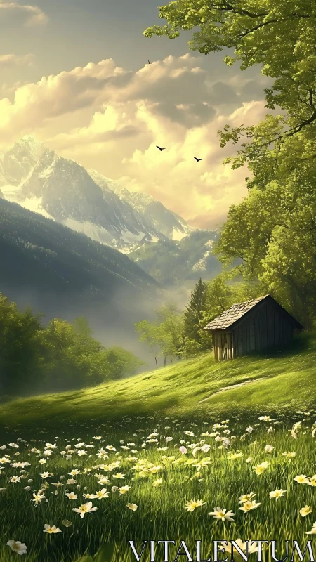 Sunlit alpine meadow with daisies, cabin, and misted peaks.