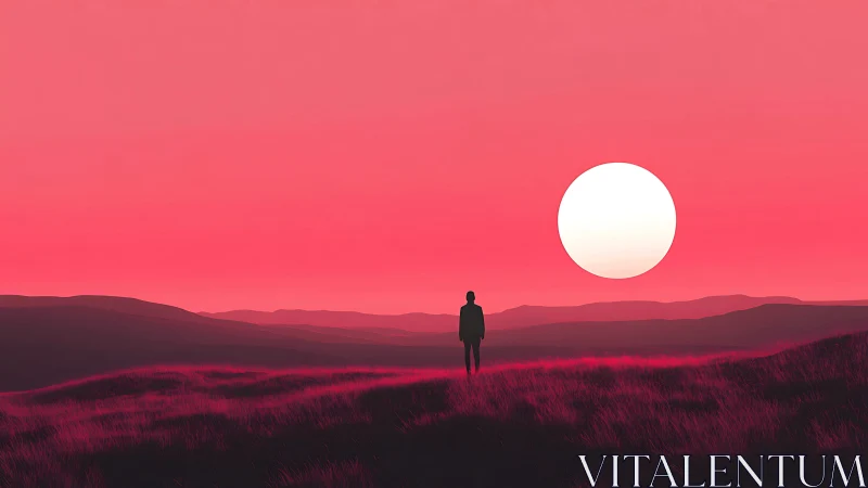 Solitary figure under oversized sun on neon red plain.