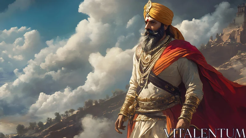 Regal warrior king in golden turban above storm clouds.