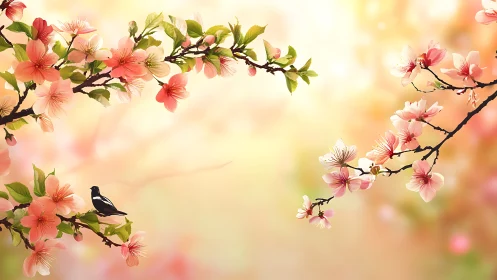 Delicate cherry blossoms frame a peaceful songbird in spring