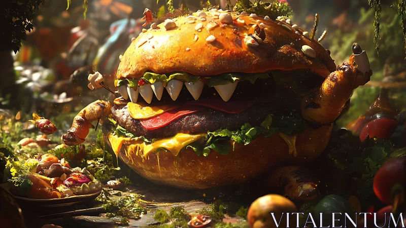 Carnivorous burger titan smiles hungrily in a glowing feast