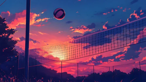 Sunset volleyball court glowing in soft evening sky.