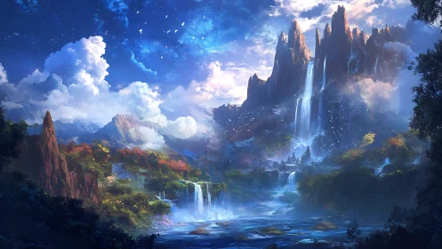 Mountain landscape with tiered waterfalls under bright sky.