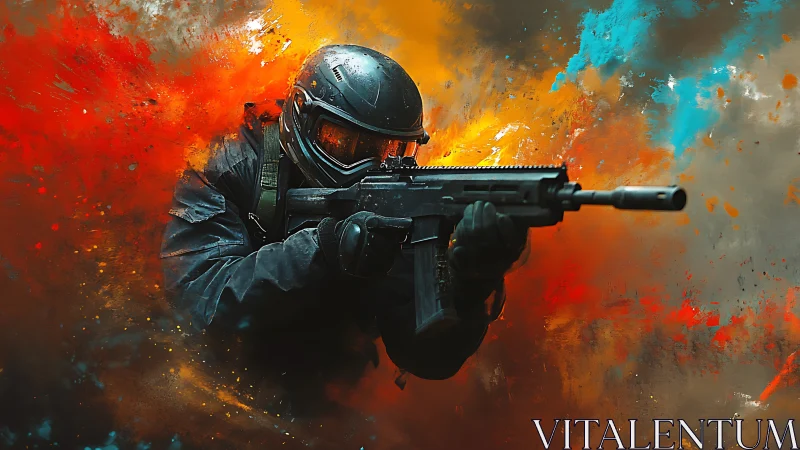 Tactical assault operator amid chromatic explosive turbulence.