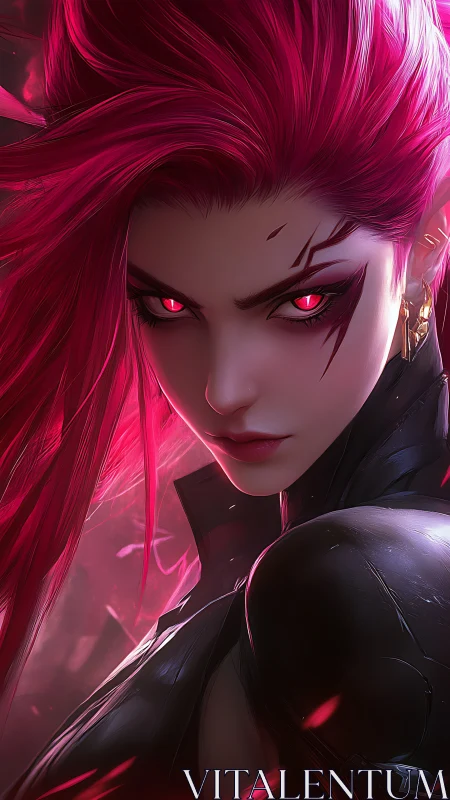 Crimson-eyed warrior with luminous scarlet hair stares