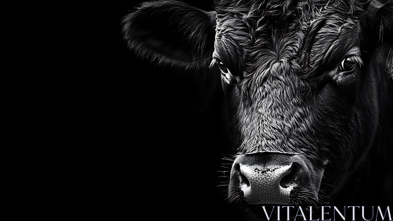 Black cow portrait in stark high contrast lighting.