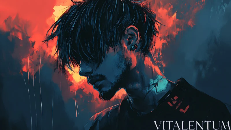 Moody side profile of young man in cyan orange rim lighting