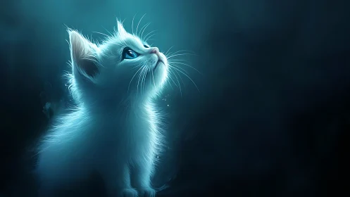Luminous White Cat Gazing Upward in Ethereal Teal Glow.