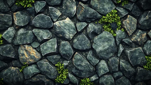 Dark irregular stone wall surface with sparse green plants.