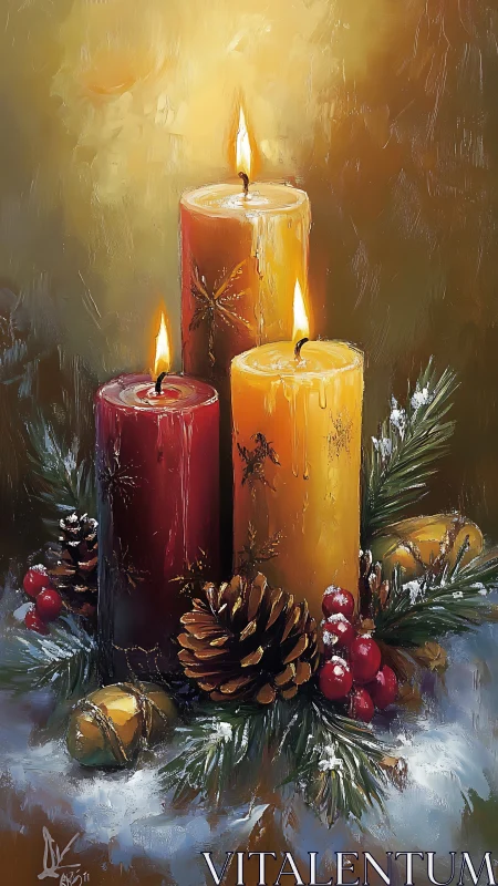 Christmas candles glow amid pinecones and winter berries.