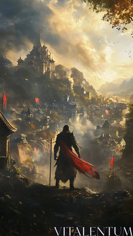 Epic fantasy citadel vista with lone cloaked warrior silhouette.