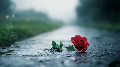 Single red rose on wet rural road surface in rainfall.