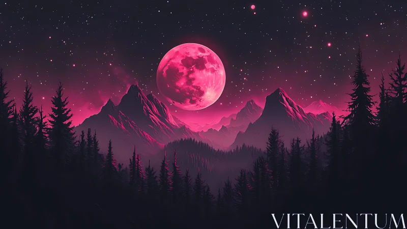 Crimson lunar landscape over conifer forest and ridged peaks.