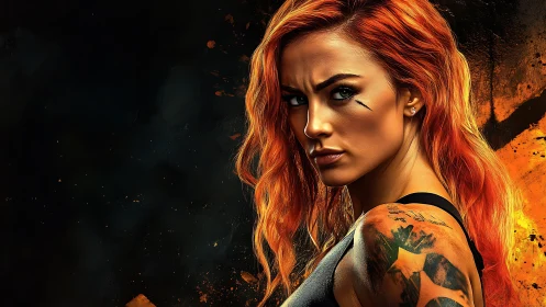 Fierce warrior woman meets firelit shadows with steady gaze