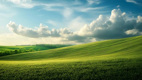 Sunlit green waves roll beneath a sky of wandering clouds.