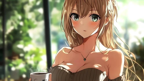 Backlit anime girl holds steaming coffee in soft bokeh interior