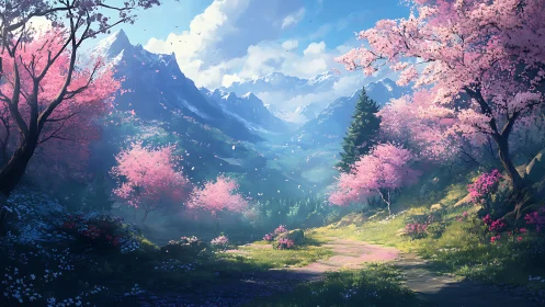 Spring mountain valley with pink blossom trees and path.