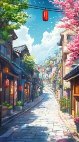 Spring-lit Japanese street ascending under lanterns.