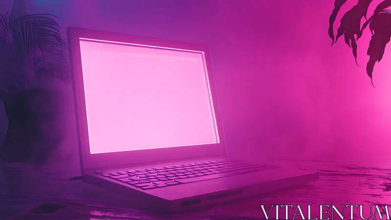 Laptop with blank screen under pink and purple neon light.