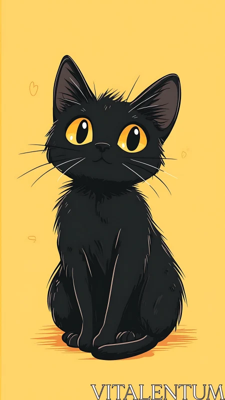 Black Cat with Golden Eyes Against Yellow Background.