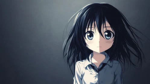 Melancholic anime girl in soft rim light, muted palette.