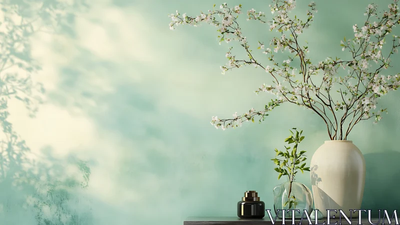 Minimal still life with vases and flowering branches.