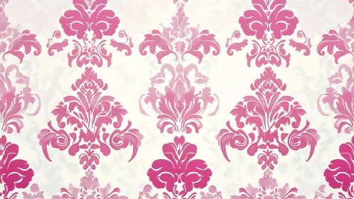 Ornate pink damask motif on soft white gradient background.