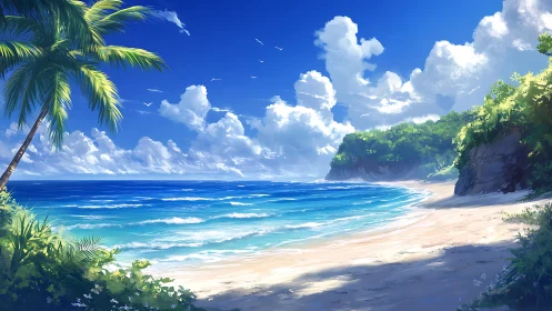 Tropical Coastal Panorama with Palm Fronds and Atmospheric Clouds.