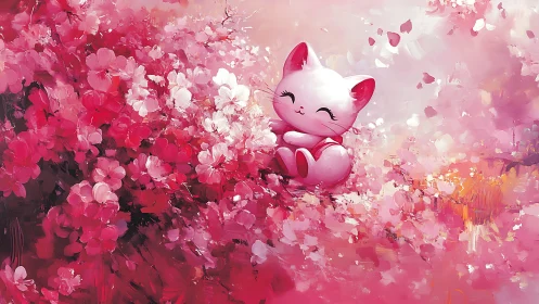 Pink cartoon cat amid dense stylized cherry blossoms.