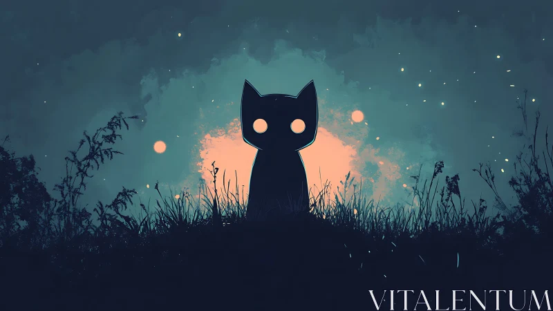 Soft night watcher kitty glowing in a dreamy meadow.