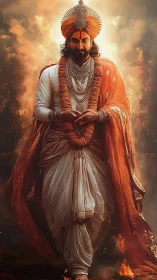 Regal warrior saint in saffron drapery amid blazing aura.