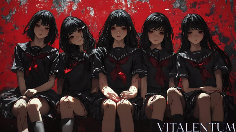 Dark schoolgirls on bloodred backdrop in anime horror.