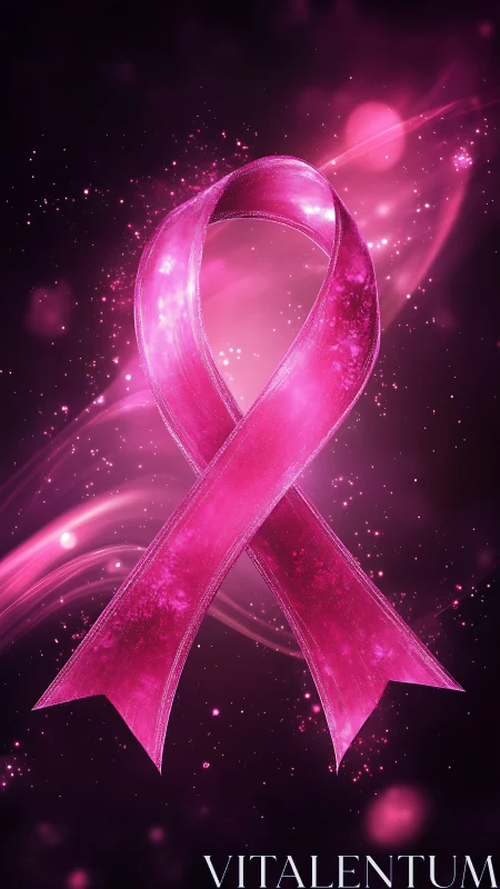 Pink awareness ribbon on abstract glowing magenta background.