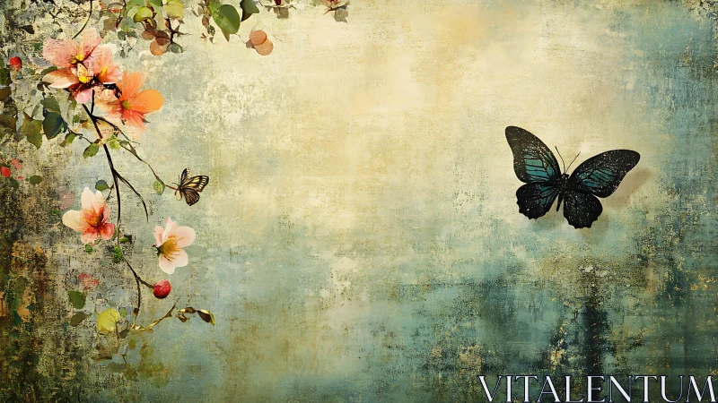 Butterflies in poetic flight over aged floral canvas.