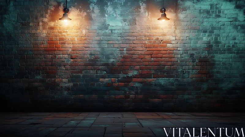 Brick wall under dual lamps with cinematic chiaroscuro lighting.