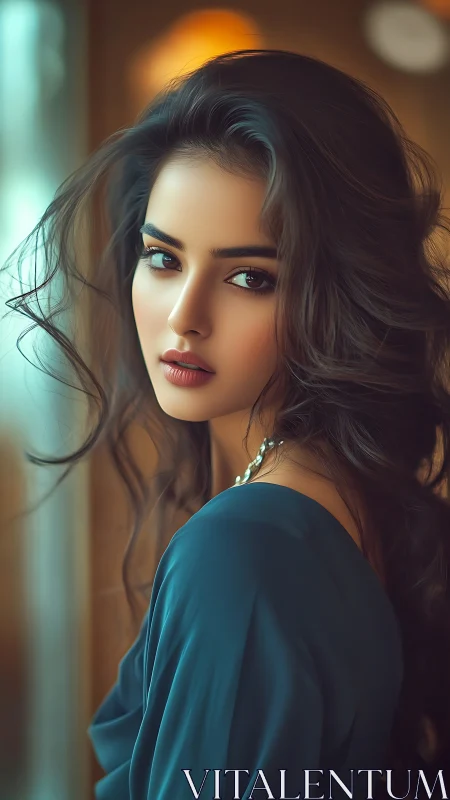 Softly lit portrait of elegant woman in teal dress at window.