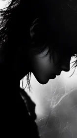 Monochrome side profile of contemplative figure in shadow.