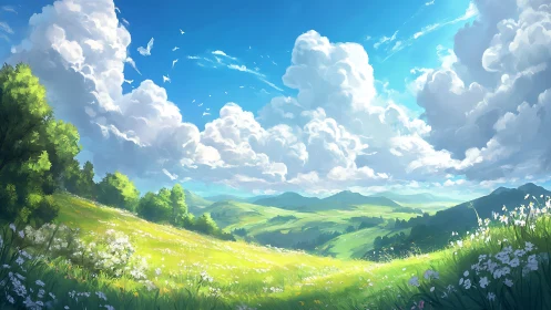 Wide-angle pastoral valley under towering cumulus cloudscape