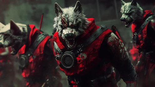 Armored wolf soldiers roar forward in a blood‑red battlefield