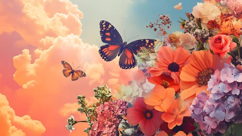 Chromatic Floral Dreamscape with Atmospheric Butterfly Composition.